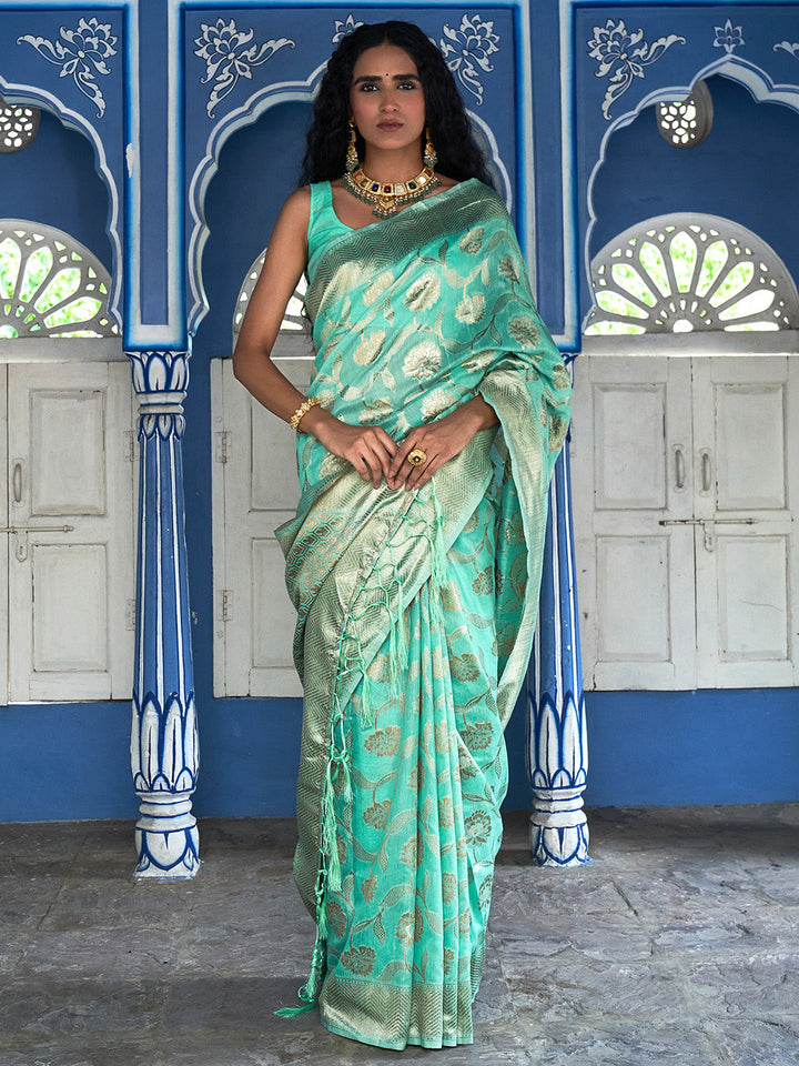 Sea Green Floral Woven Design Chanderi Silk Festive Saree