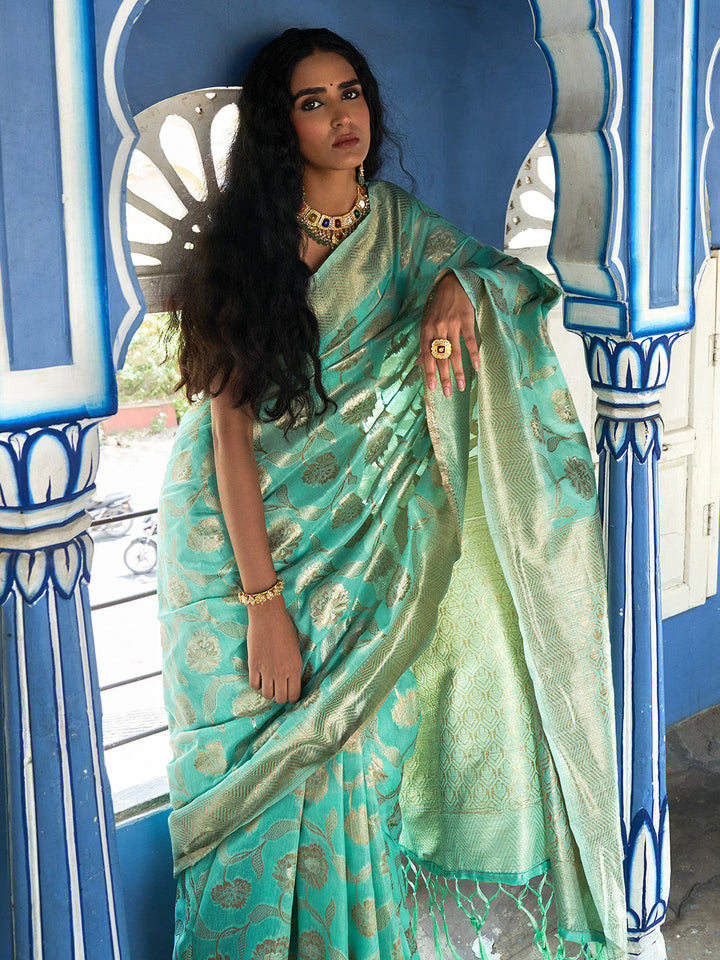 Sea Green Floral Woven Design Chanderi Silk Festive Saree