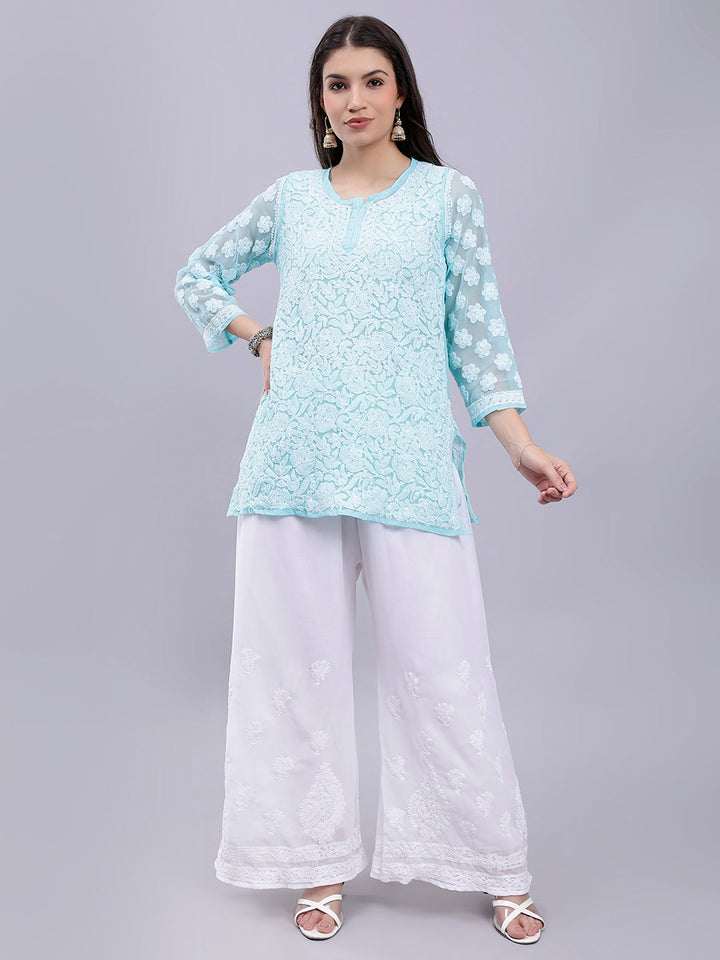 Sea Green Georgette Chikankari Kurta With Palazzo Set