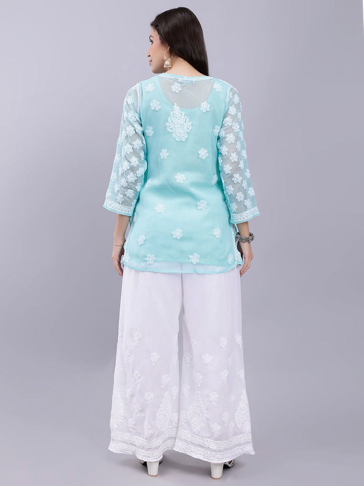 Sea Green Georgette Chikankari Kurta With Palazzo Set