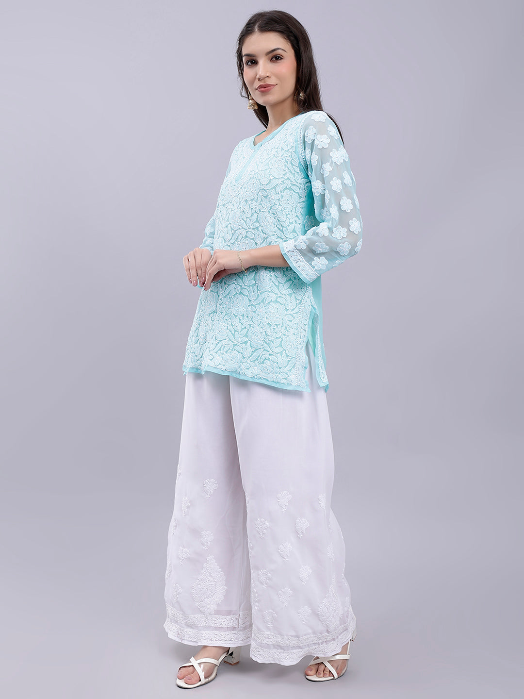 Sea Green Georgette Chikankari Kurta With Palazzo Set