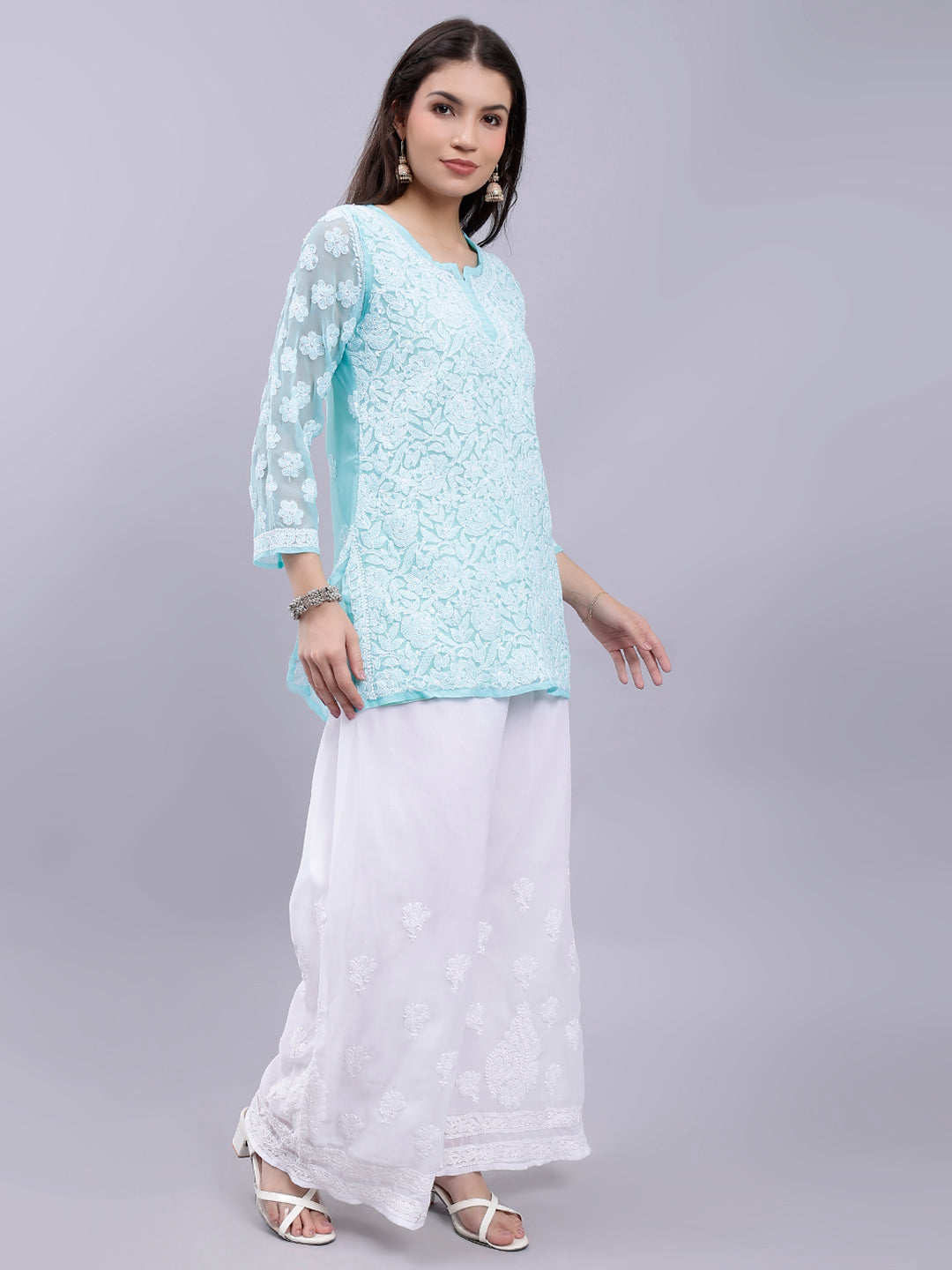 Sea Green Georgette Chikankari Kurta With Palazzo Set