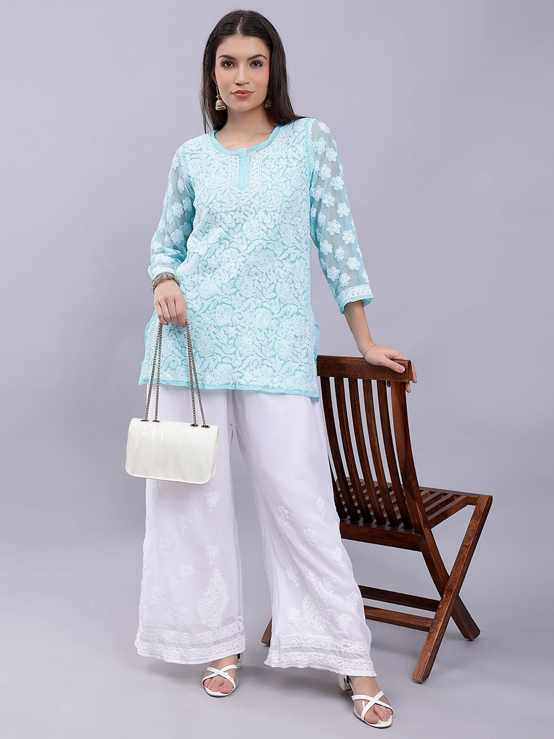 Sea Green Georgette Chikankari Kurta With Palazzo Set