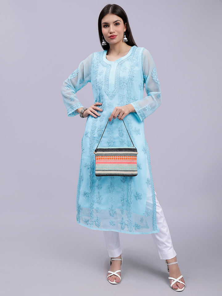 Sea Green Georgette Handwoven Chikankari Kurti with Slip