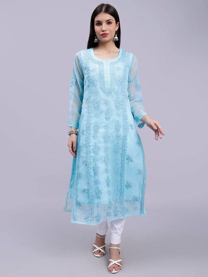 Sea Green Georgette Handwoven Chikankari Kurti with Slip