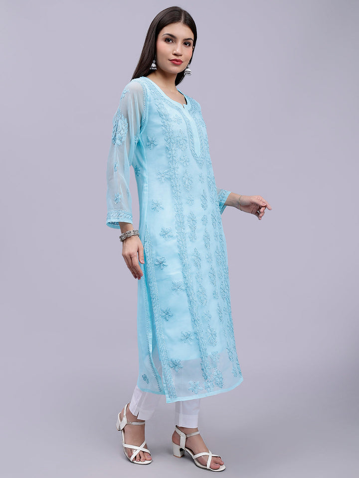 Sea Green Georgette Handwoven Chikankari Kurti with Slip