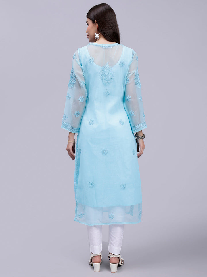 Sea Green Georgette Handwoven Chikankari Kurti with Slip