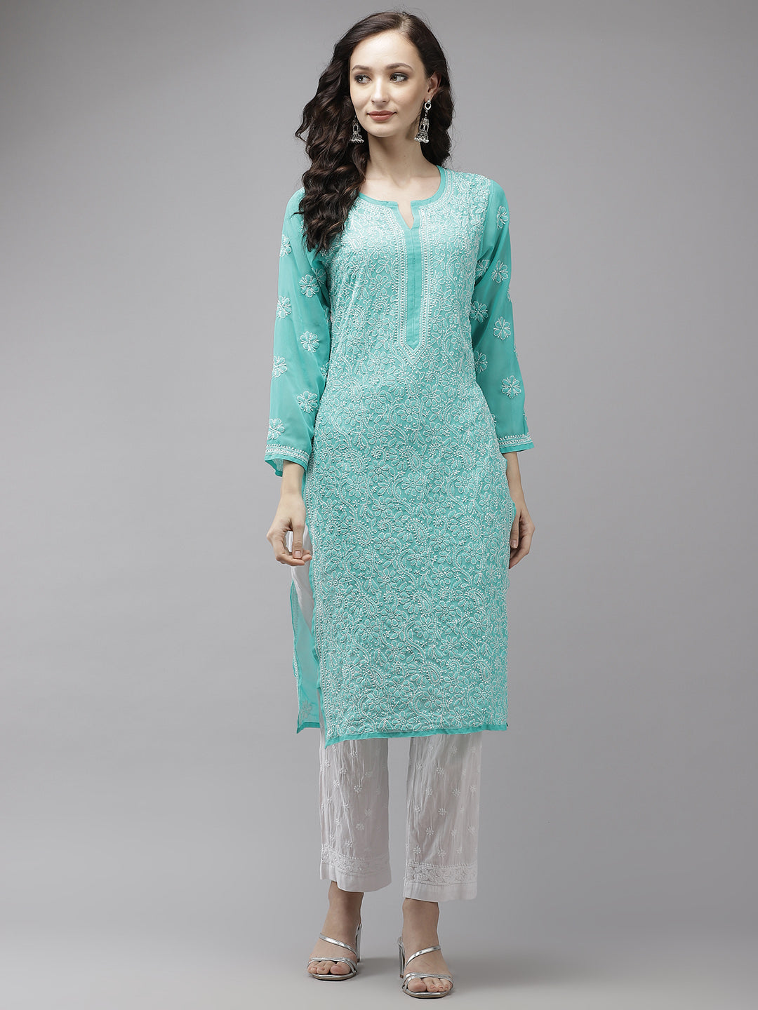 Sea-Green-Georgette-Lucknow-Chikan-Kurta-Set
