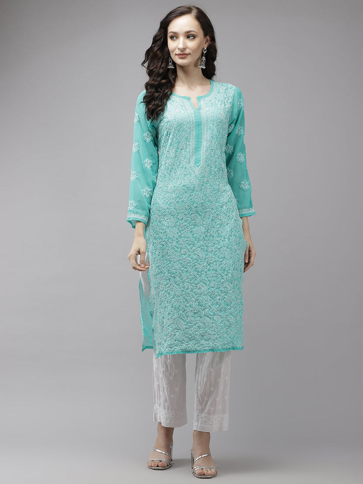 Sea-Green-Georgette-Lucknow-Chikan-Kurta-Set