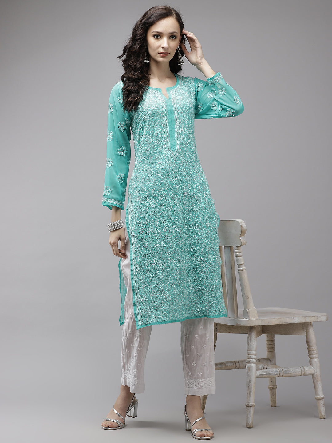 Sea-Green-Georgette-Lucknow-Chikan-Kurta-Set