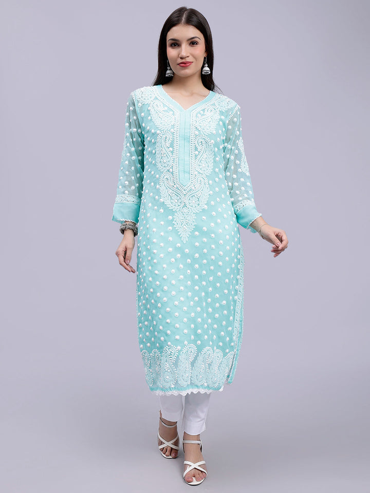 Sea Green Georgette Polka Dot & Paisley Chikankari Kurti with Slip