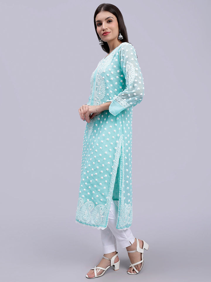 Sea Green Georgette Polka Dot & Paisley Chikankari Kurti with Slip