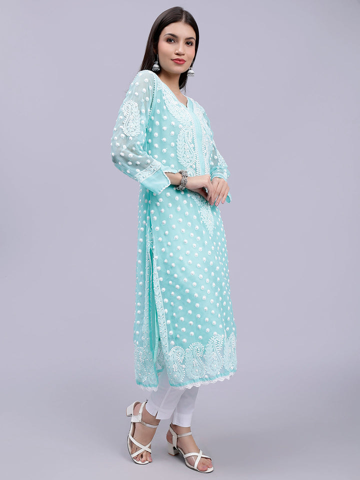 Sea Green Georgette Polka Dot & Paisley Chikankari Kurti with Slip