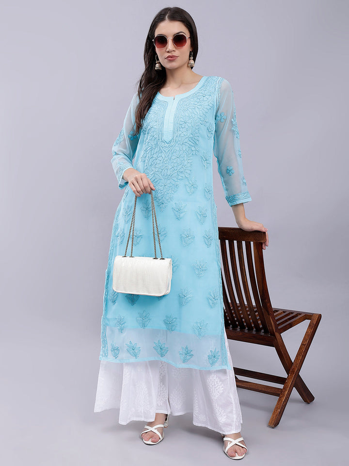 Sea Green Handwoven Georgette Chikankari Kurti with Slip