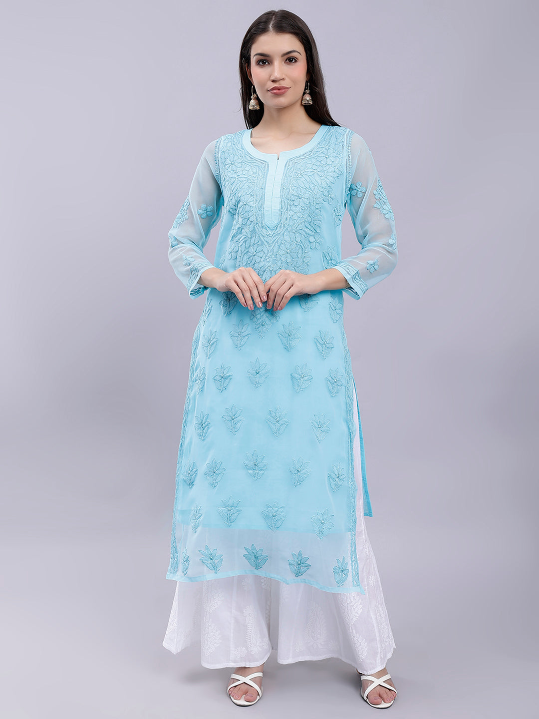 Sea Green Handwoven Georgette Chikankari Kurti with Slip