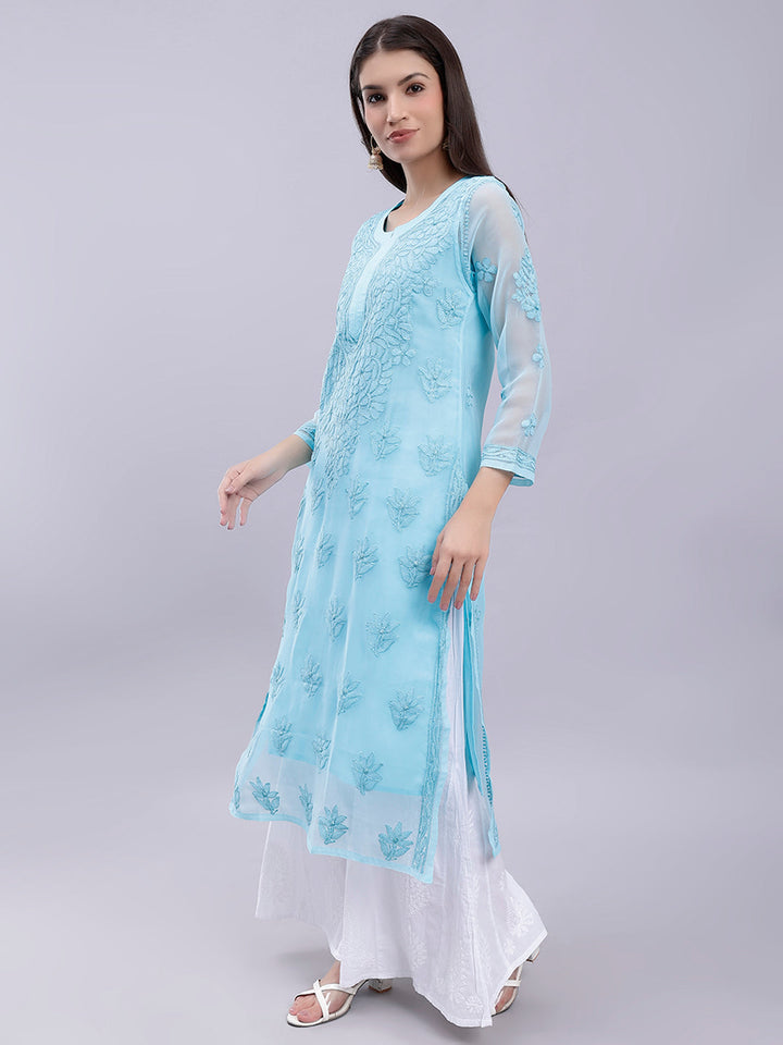 Sea Green Handwoven Georgette Chikankari Kurti with Slip