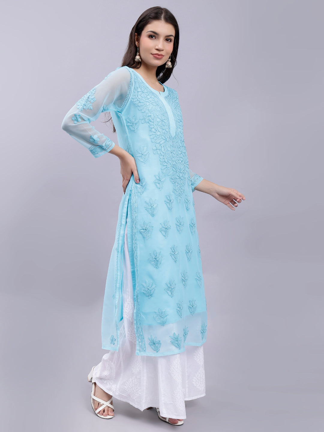 Sea Green Handwoven Georgette Chikankari Kurti with Slip