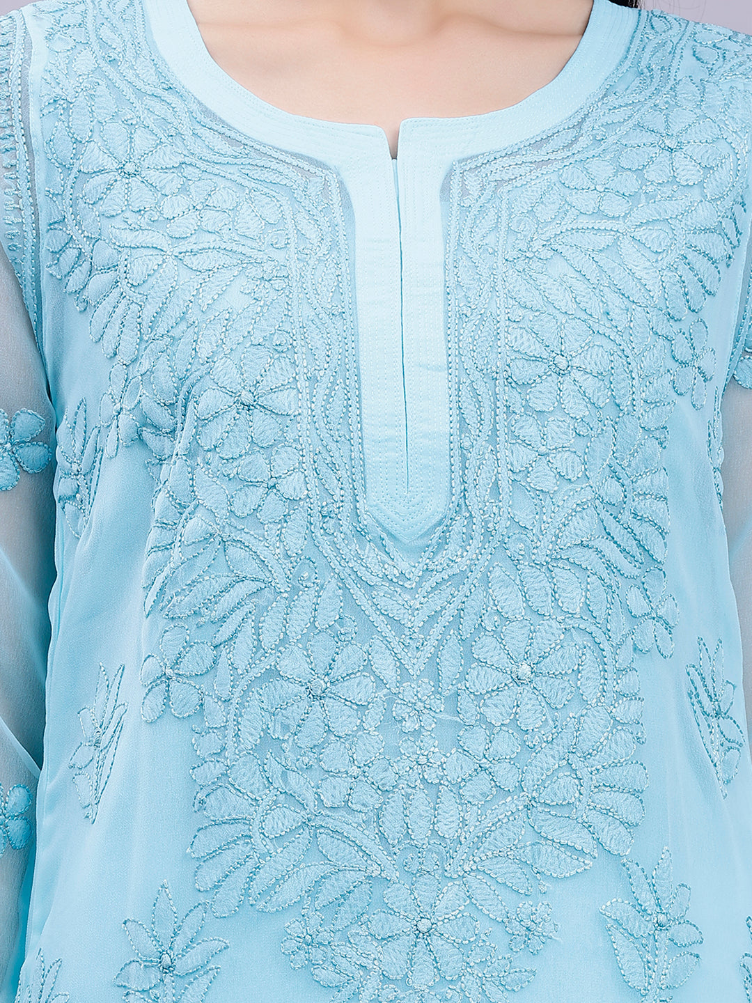 Sea Green Handwoven Georgette Chikankari Kurti with Slip