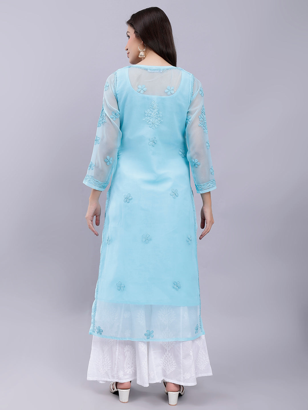 Sea Green Handwoven Georgette Chikankari Kurti with Slip