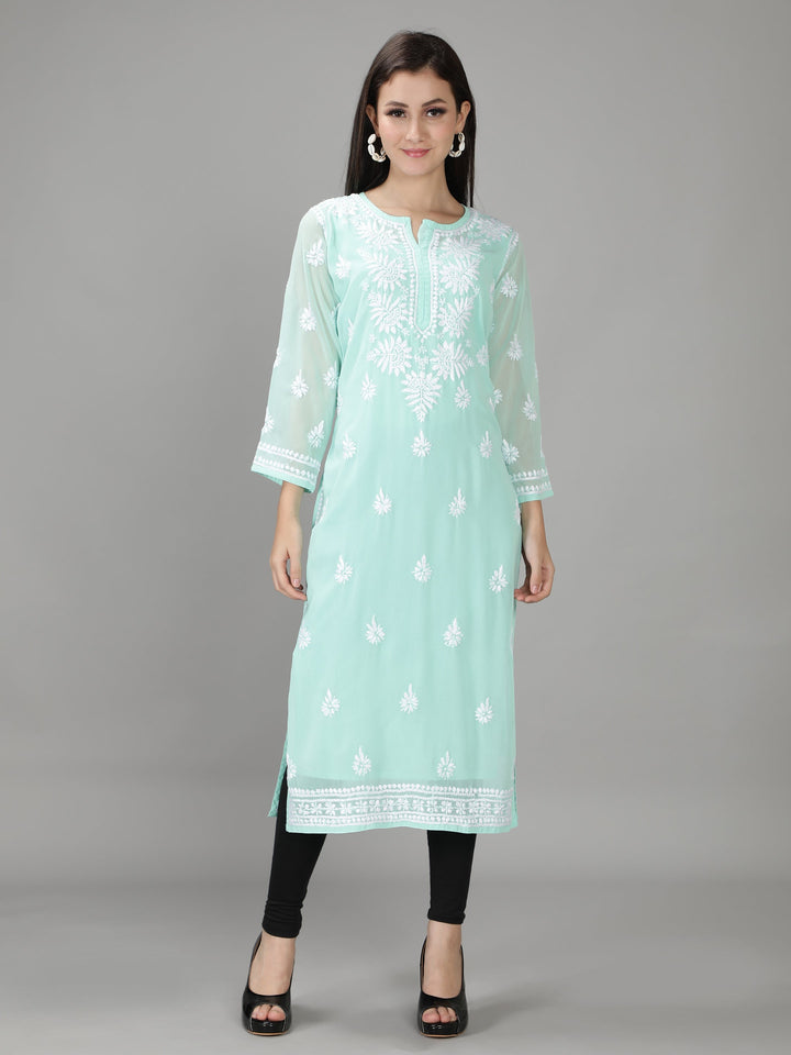 Sea Green Kurta in White Chikan Threadwork