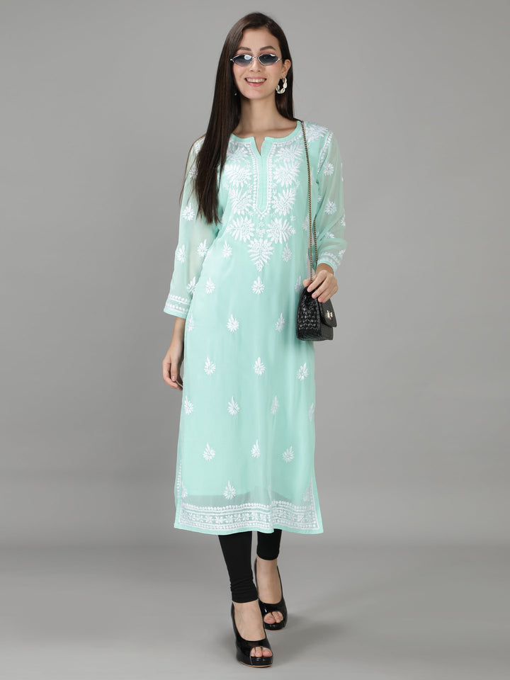Sea Green Kurta in White Chikan Threadwork