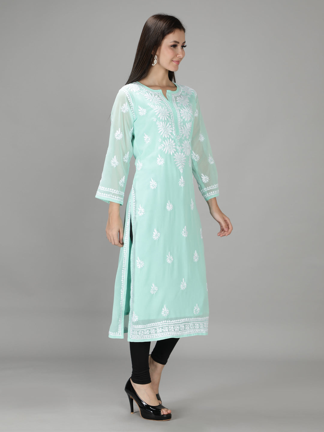 Sea Green Kurta in White Chikan Threadwork