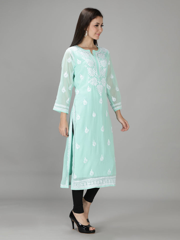 Sea Green Kurta in White Chikan Threadwork