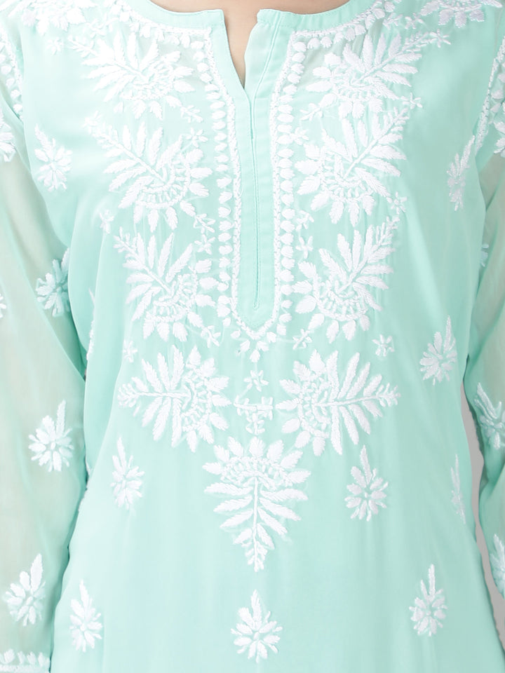 Sea Green Kurta in White Chikan Threadwork