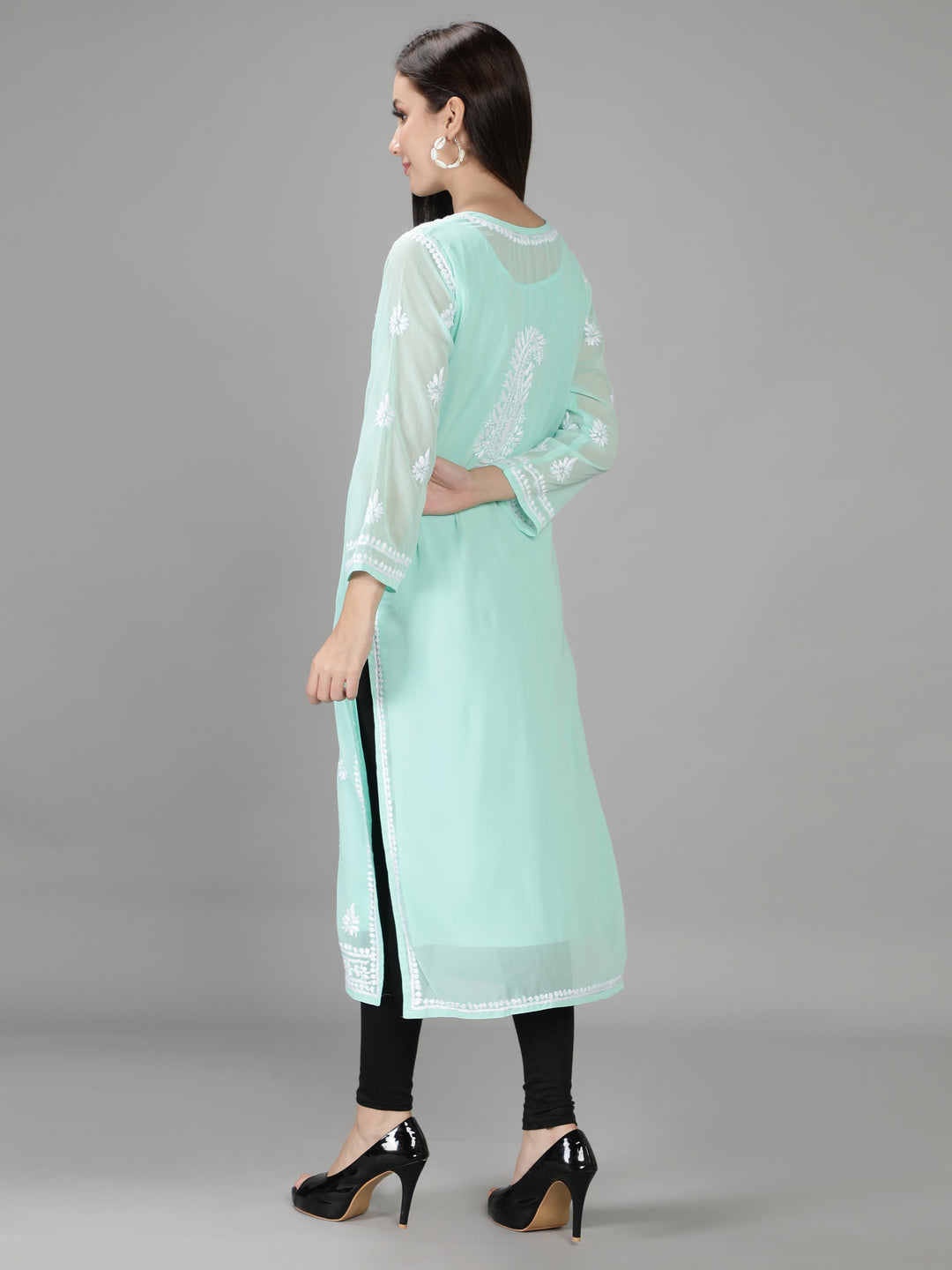 Sea Green Kurta in White Chikan Threadwork