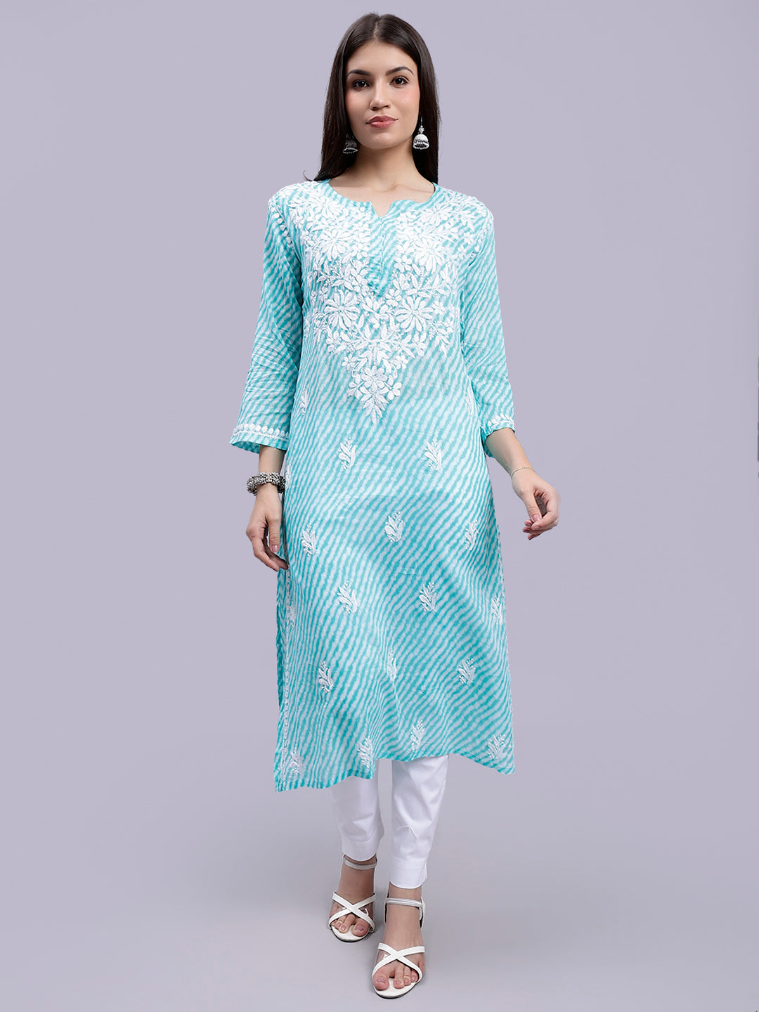 Sea Green Mul Mul Lucknowi Leheriya Chikankari Kurti