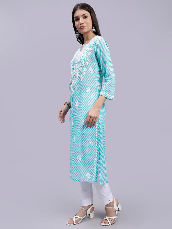 Sea Green Mul Mul Lucknowi Leheriya Chikankari Kurti