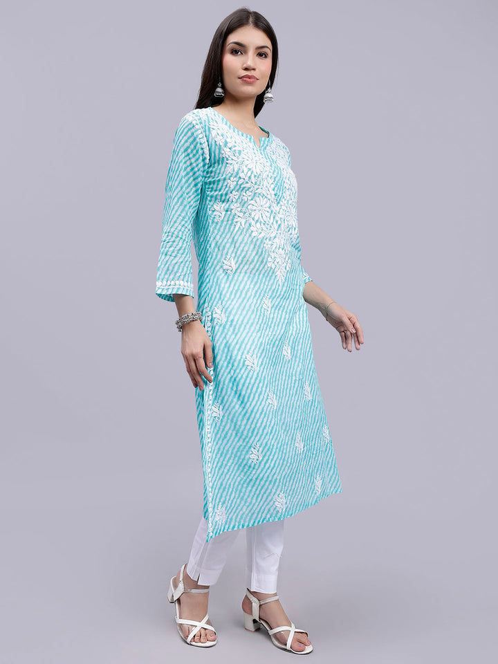 Sea Green Mul Mul Lucknowi Leheriya Chikankari Kurti