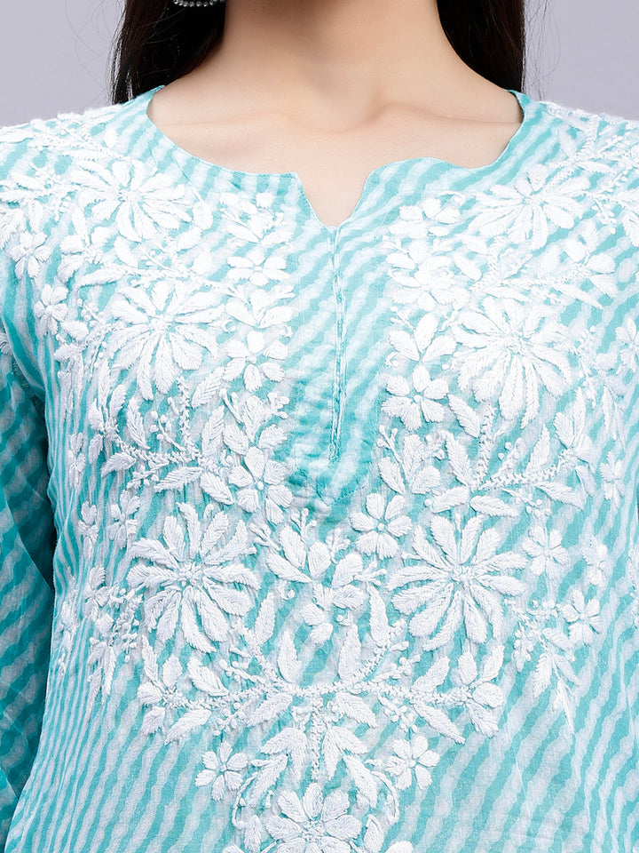 Sea Green Mul Mul Lucknowi Leheriya Chikankari Kurti