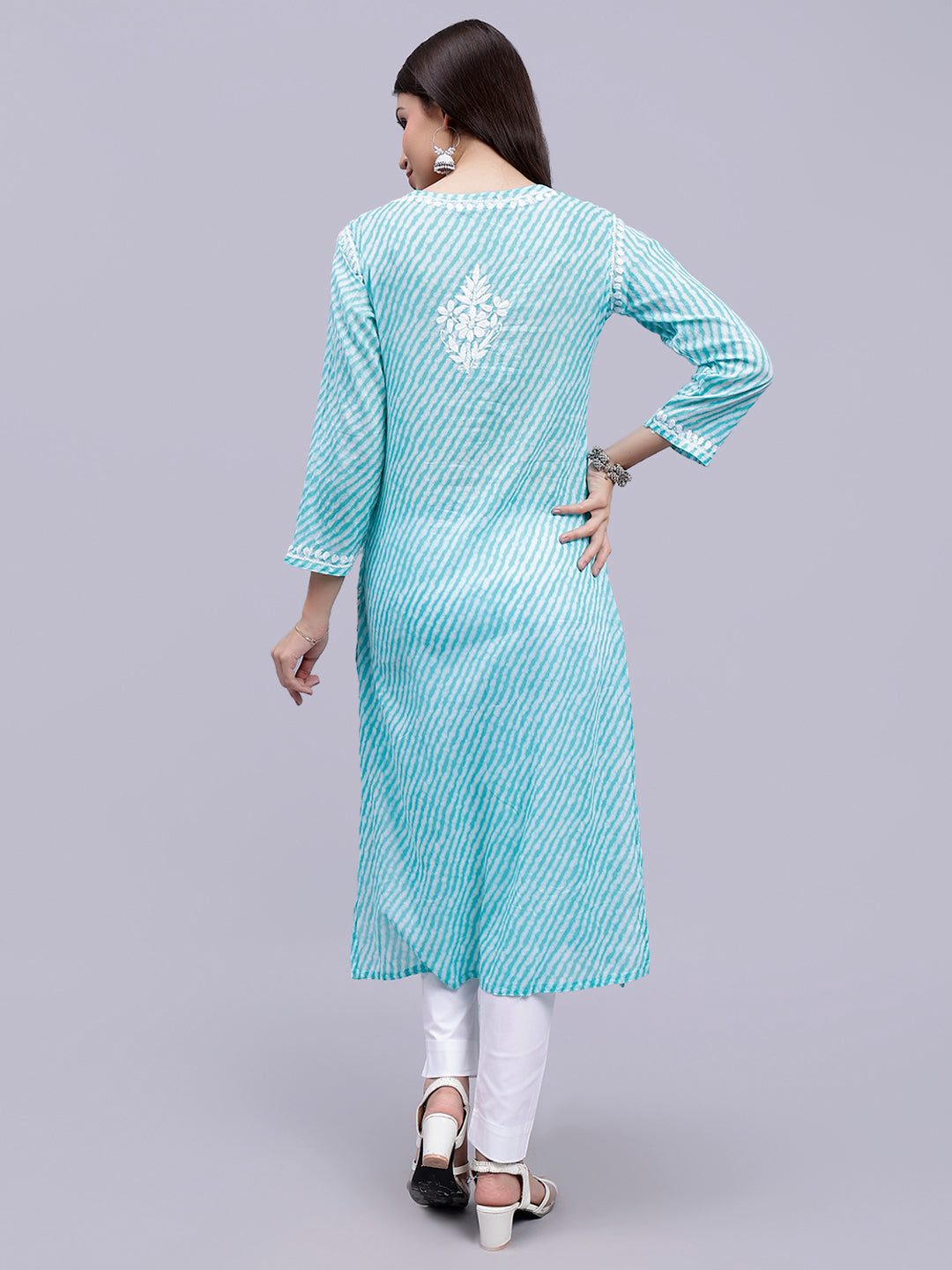 Sea Green Mul Mul Lucknowi Leheriya Chikankari Kurti