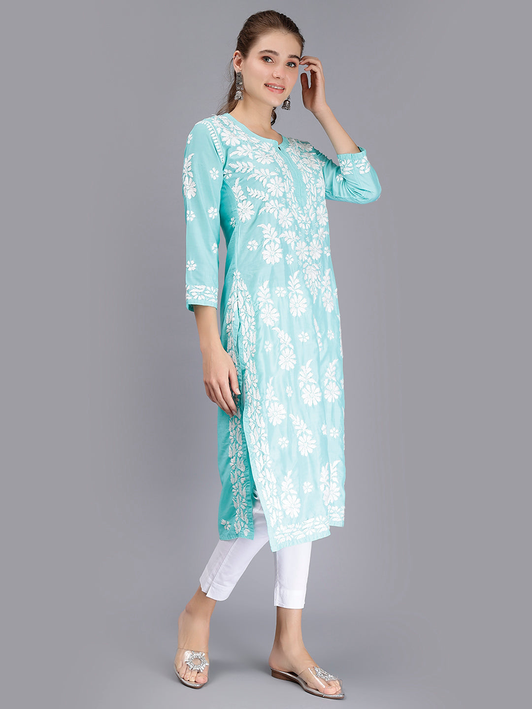 Sea Green Muslin Handwoven Chikankari Kurti