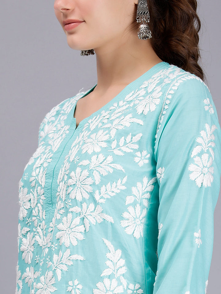 Sea Green Muslin Handwoven Chikankari Kurti