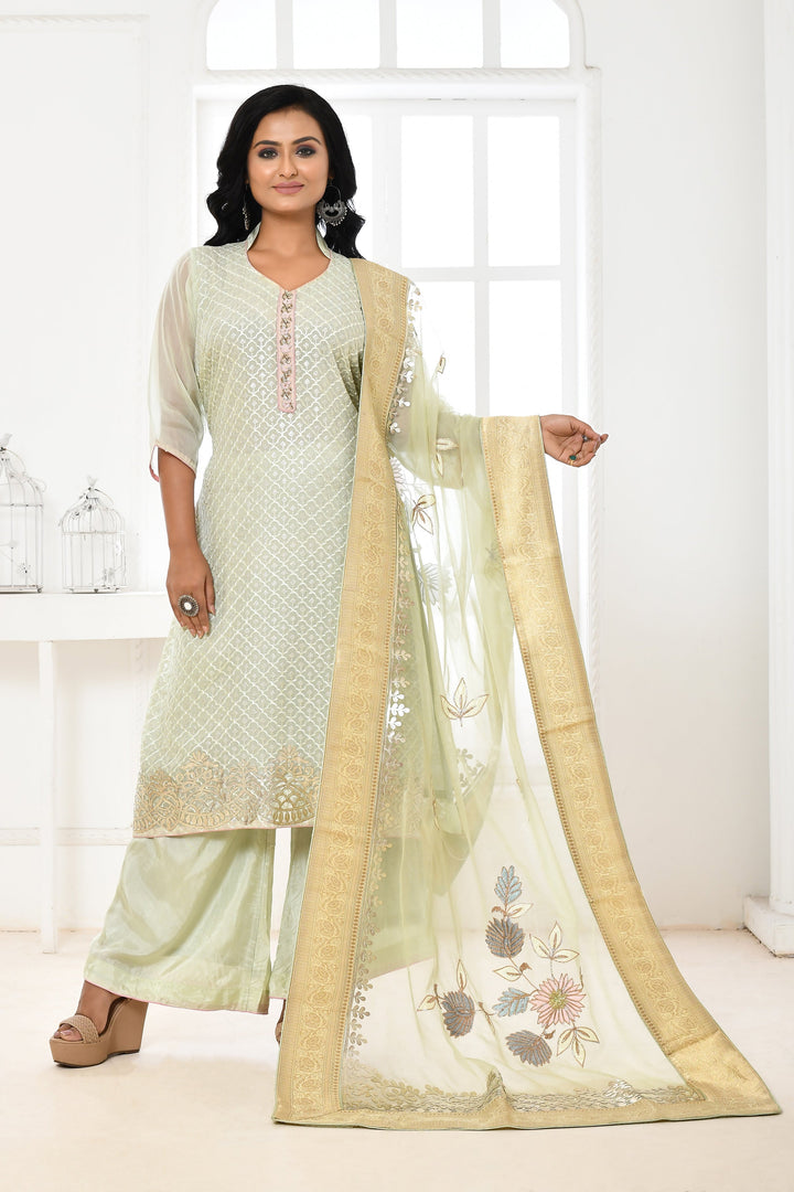 Sea Green Organza Kurta Suit With Leather Embroidery