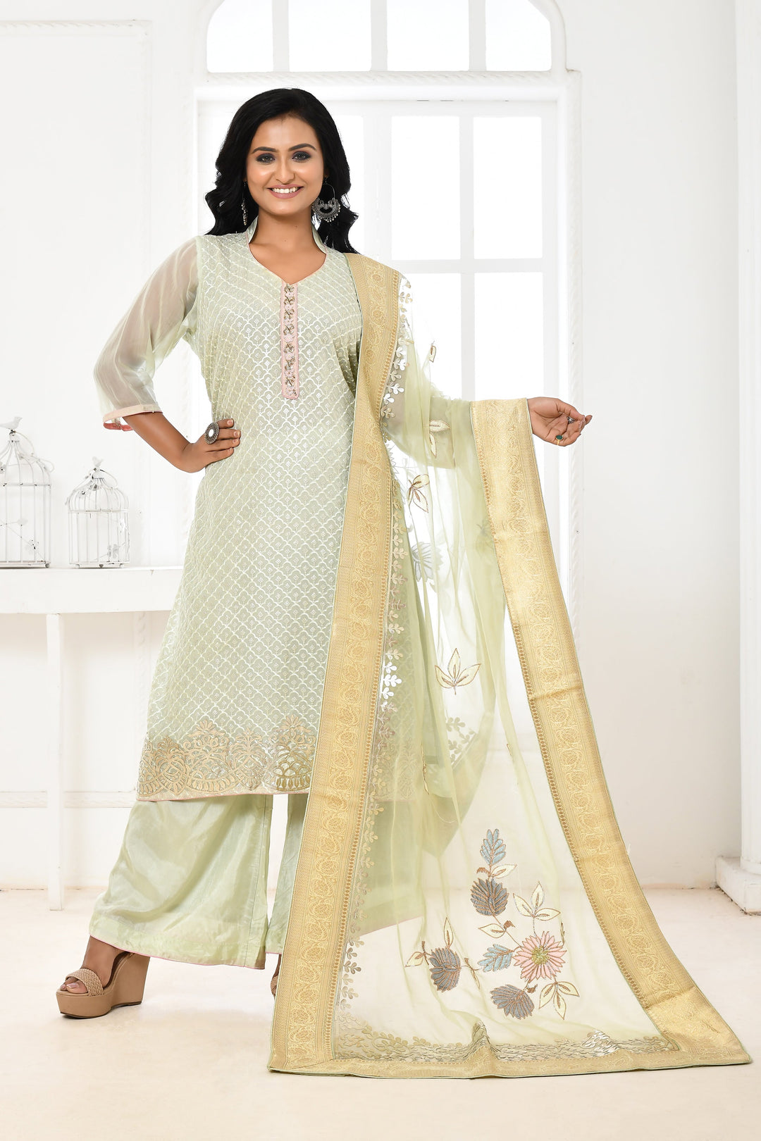 Sea Green Organza Kurta Suit With Leather Embroidery