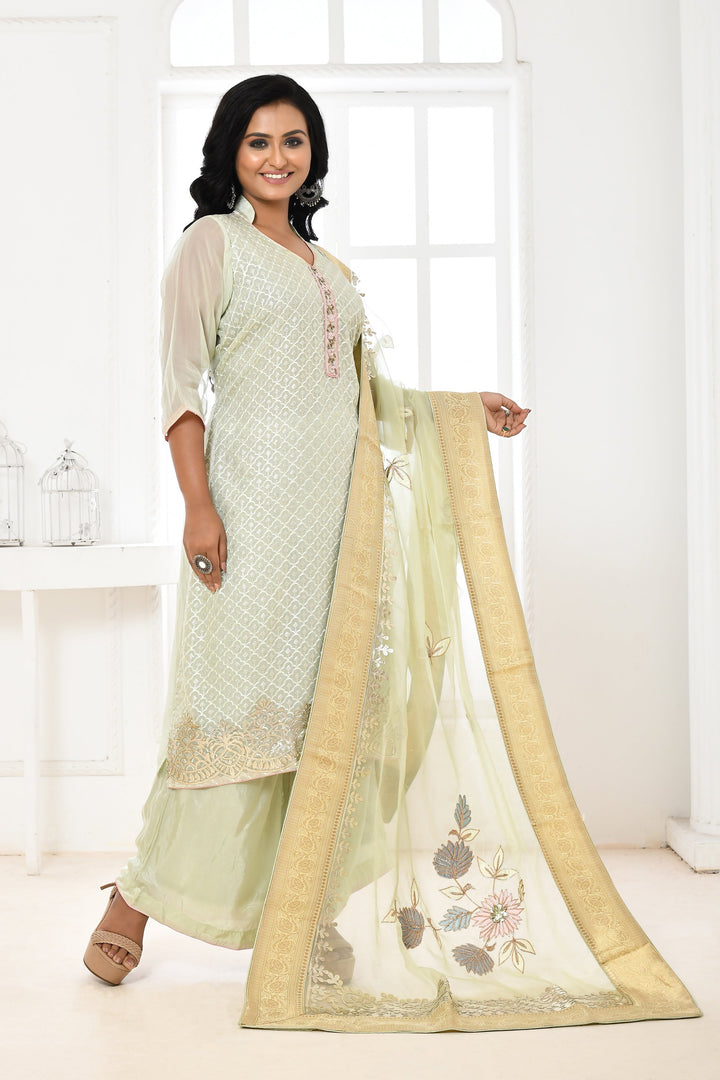 Sea Green Organza Kurta Suit With Leather Embroidery