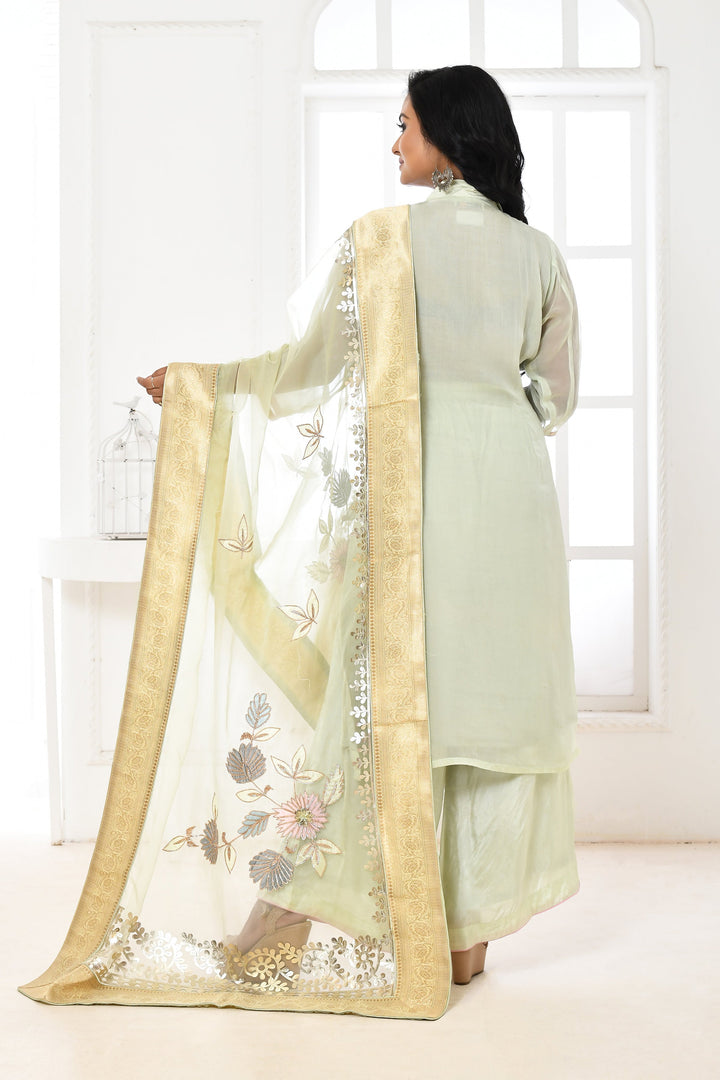 Sea Green Organza Kurta Suit With Leather Embroidery