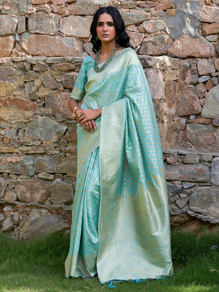 Sea Green Paisley Woven Design Chanderi Silk Festive Saree