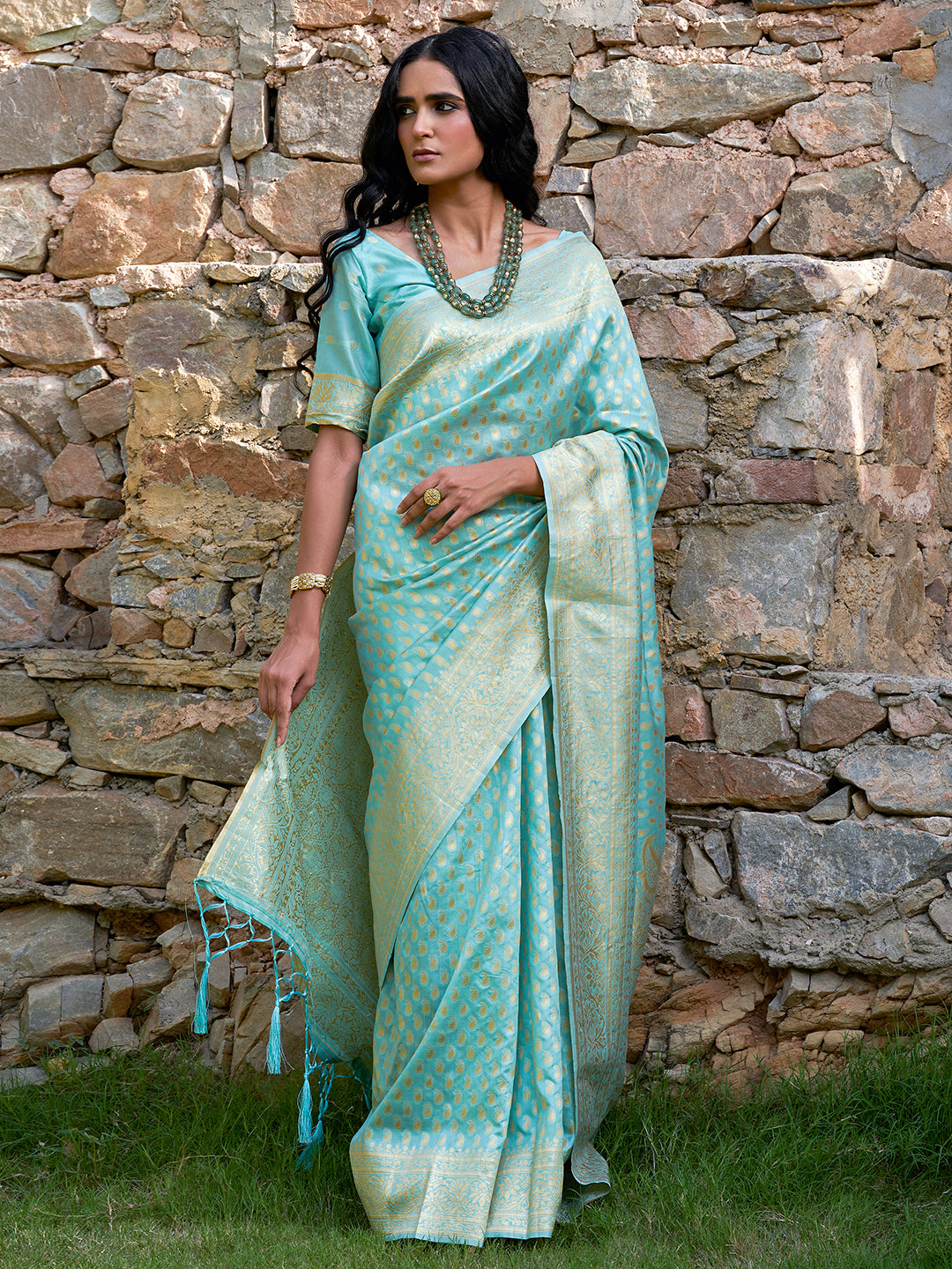 Sea Green Paisley Woven Design Chanderi Silk Festive Saree