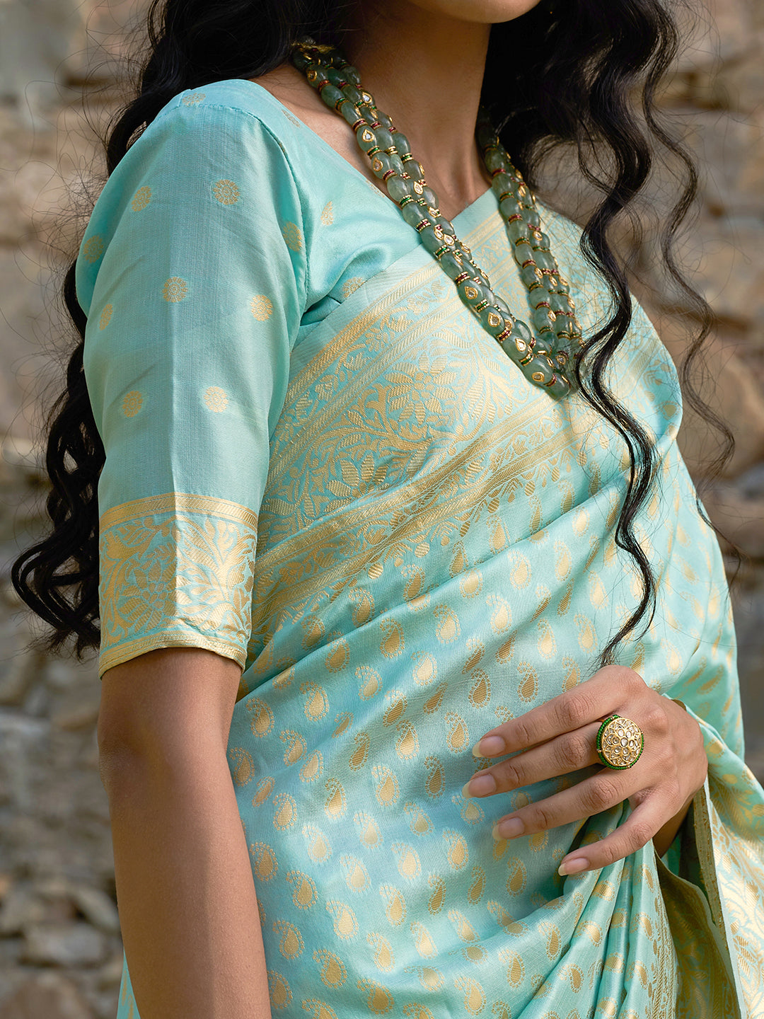 Sea Green Paisley Woven Design Chanderi Silk Festive Saree