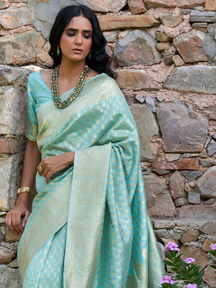 Sea Green Paisley Woven Design Chanderi Silk Festive Saree