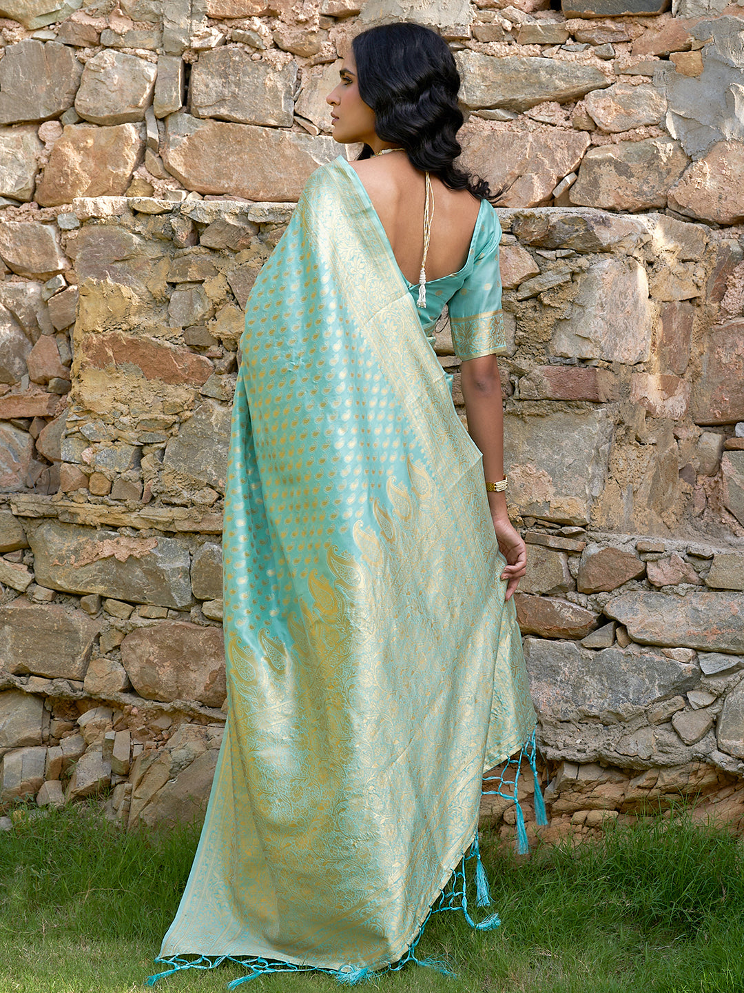 Sea Green Paisley Woven Design Chanderi Silk Festive Saree