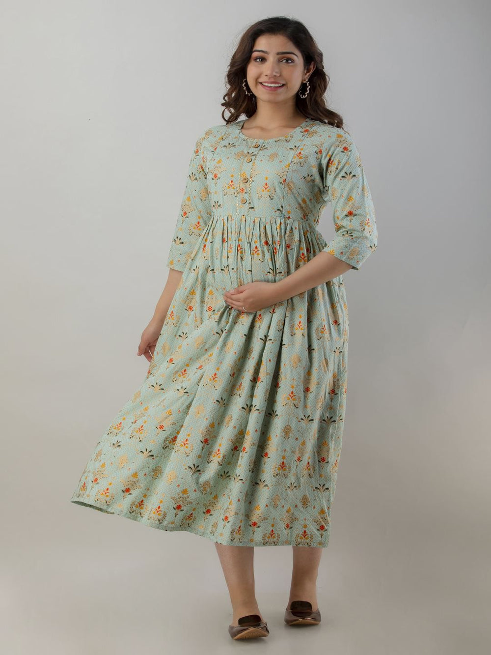 Sea Green Printed Rayon Maternity Kurta Only