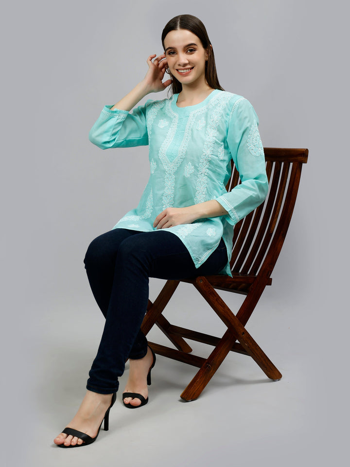 Sea Green Terivoil Cotton Lucknowi Chikankari Short Tunic