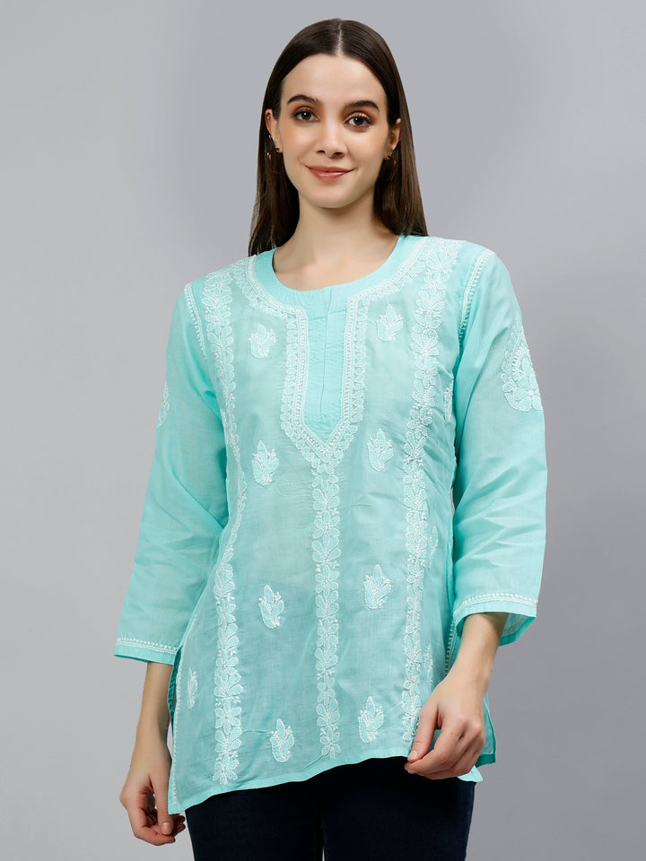 Sea Green Terivoil Cotton Lucknowi Chikankari Short Tunic