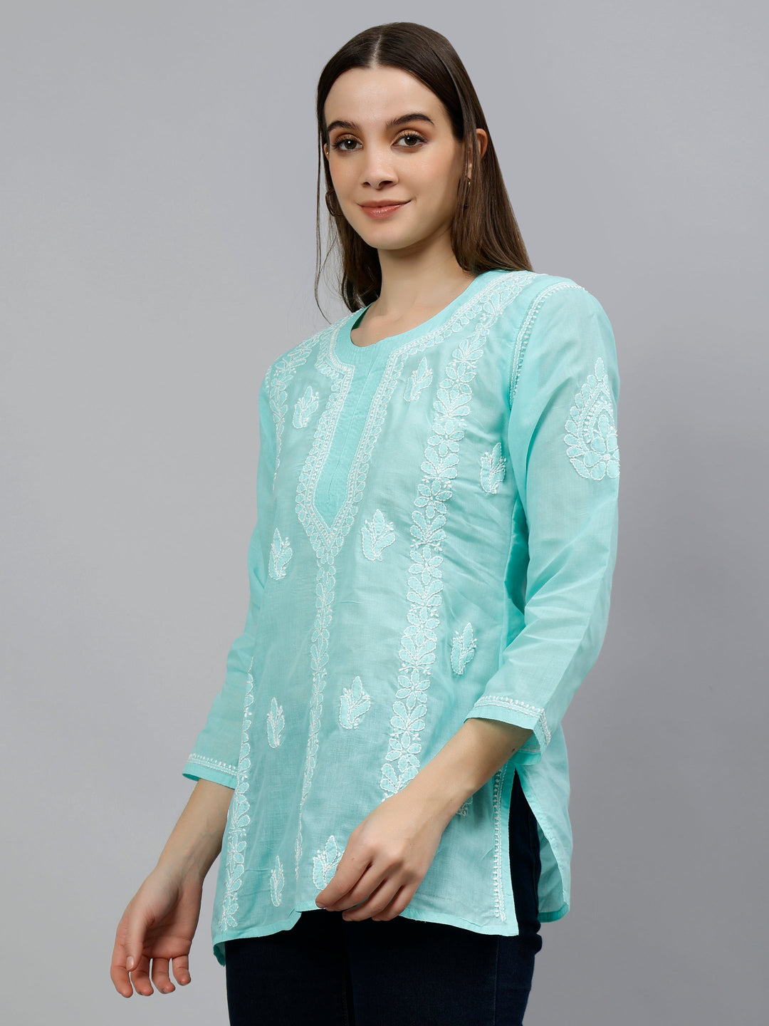 Sea Green Terivoil Cotton Lucknowi Chikankari Short Tunic