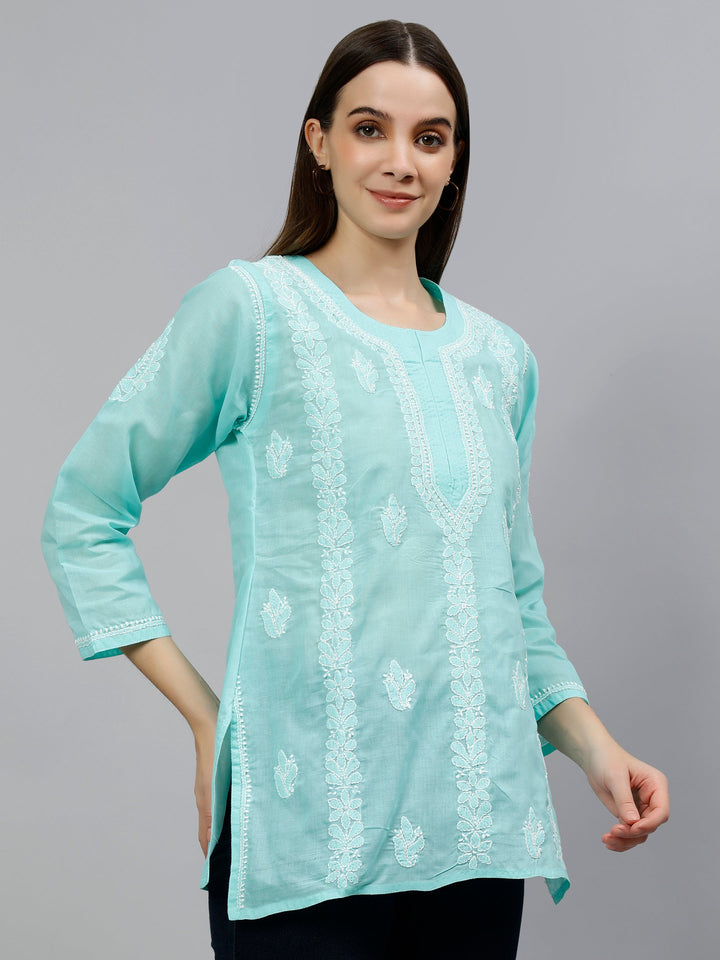 Sea Green Terivoil Cotton Lucknowi Chikankari Short Tunic